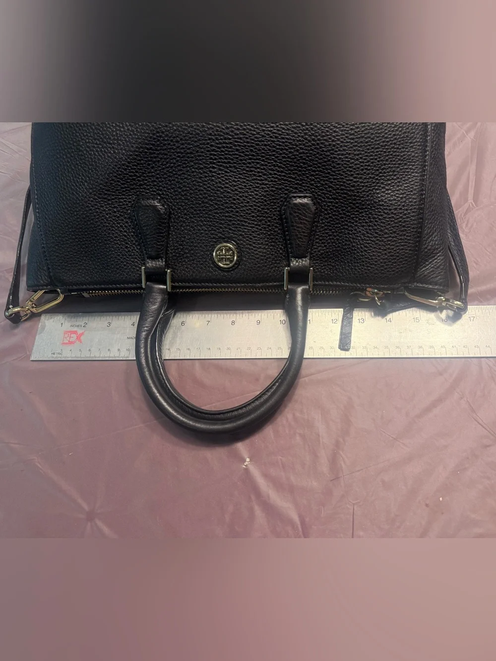 Tory Burch Robinson Double Zip Black Pebbled Leather Satchel Gold Hardware $575